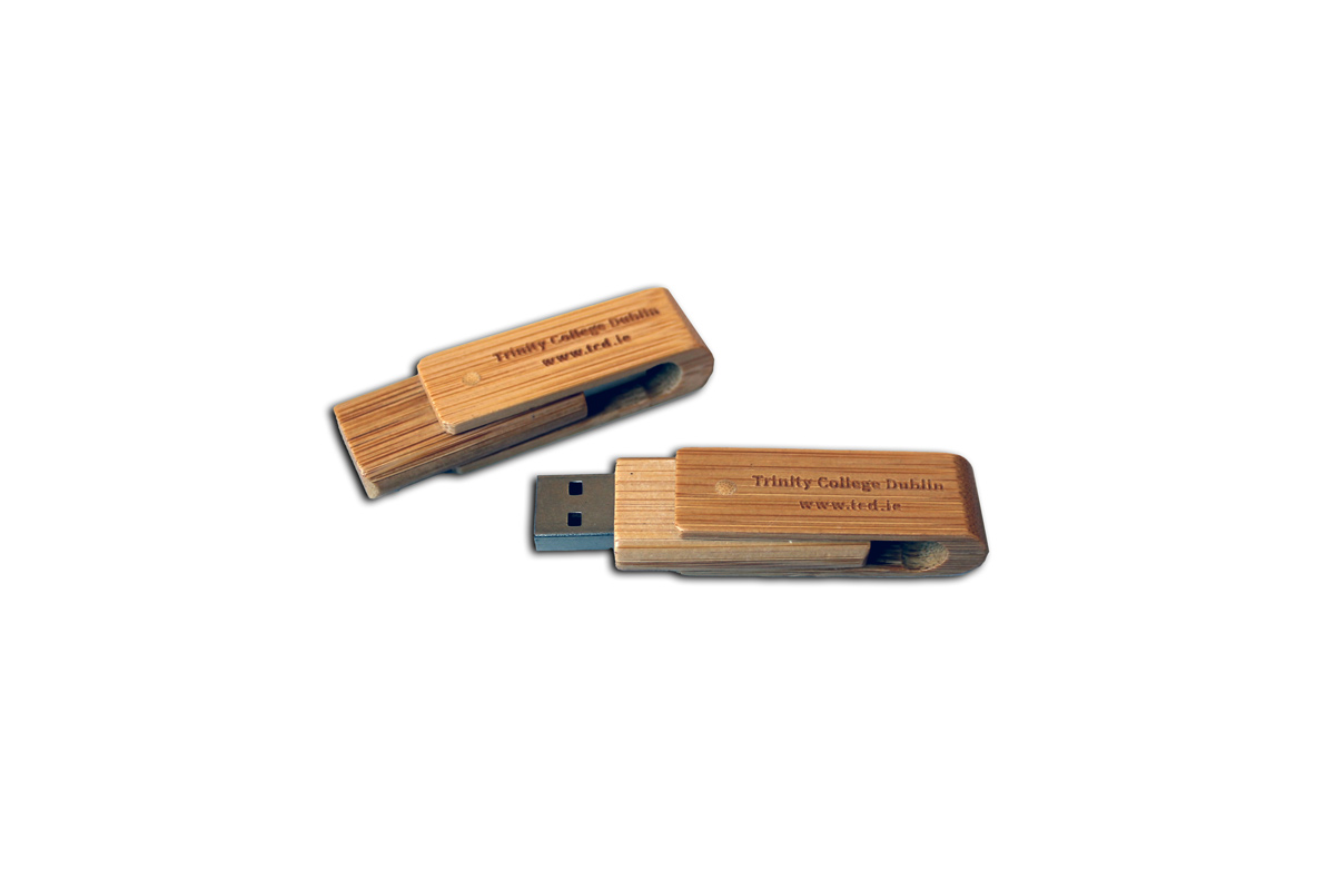 Two wood-effect Trinity branded USBs